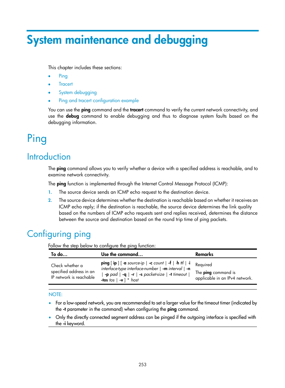 System maintenance and debugging, Ping, Introduction | Configuring ping | H3C Technologies H3C SecBlade NetStream Cards User Manual | Page 268 / 349