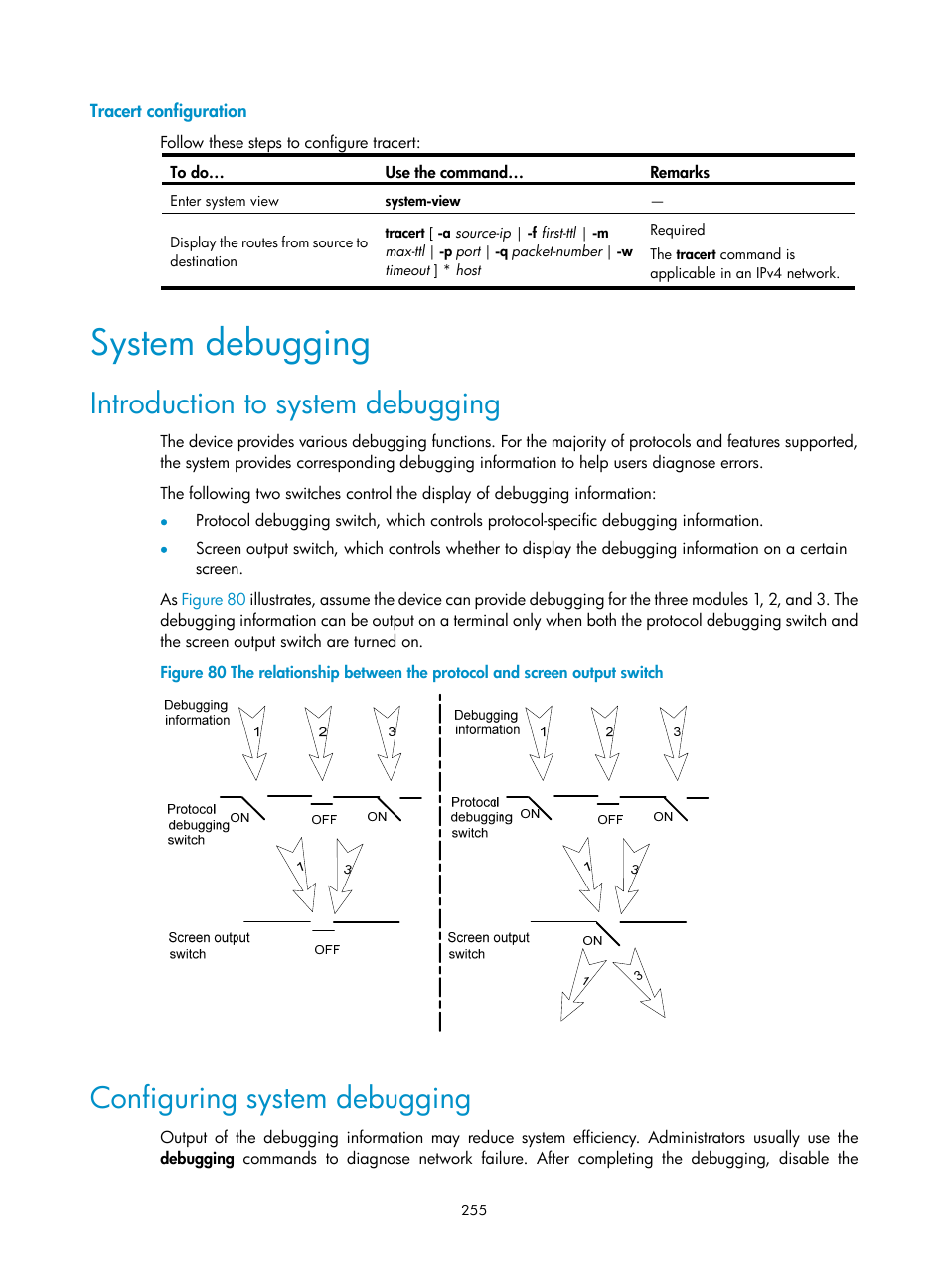 Tracert configuration, System debugging, Introduction to system debugging | Configuring system debugging | H3C Technologies H3C SecBlade NetStream Cards User Manual | Page 270 / 349