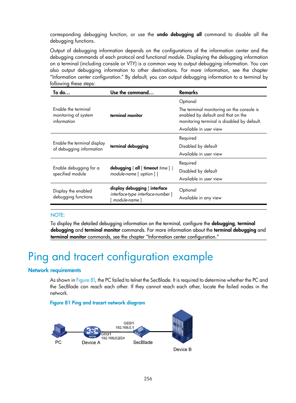 Ping and tracert configuration example, Network requirements | H3C Technologies H3C SecBlade NetStream Cards User Manual | Page 271 / 349