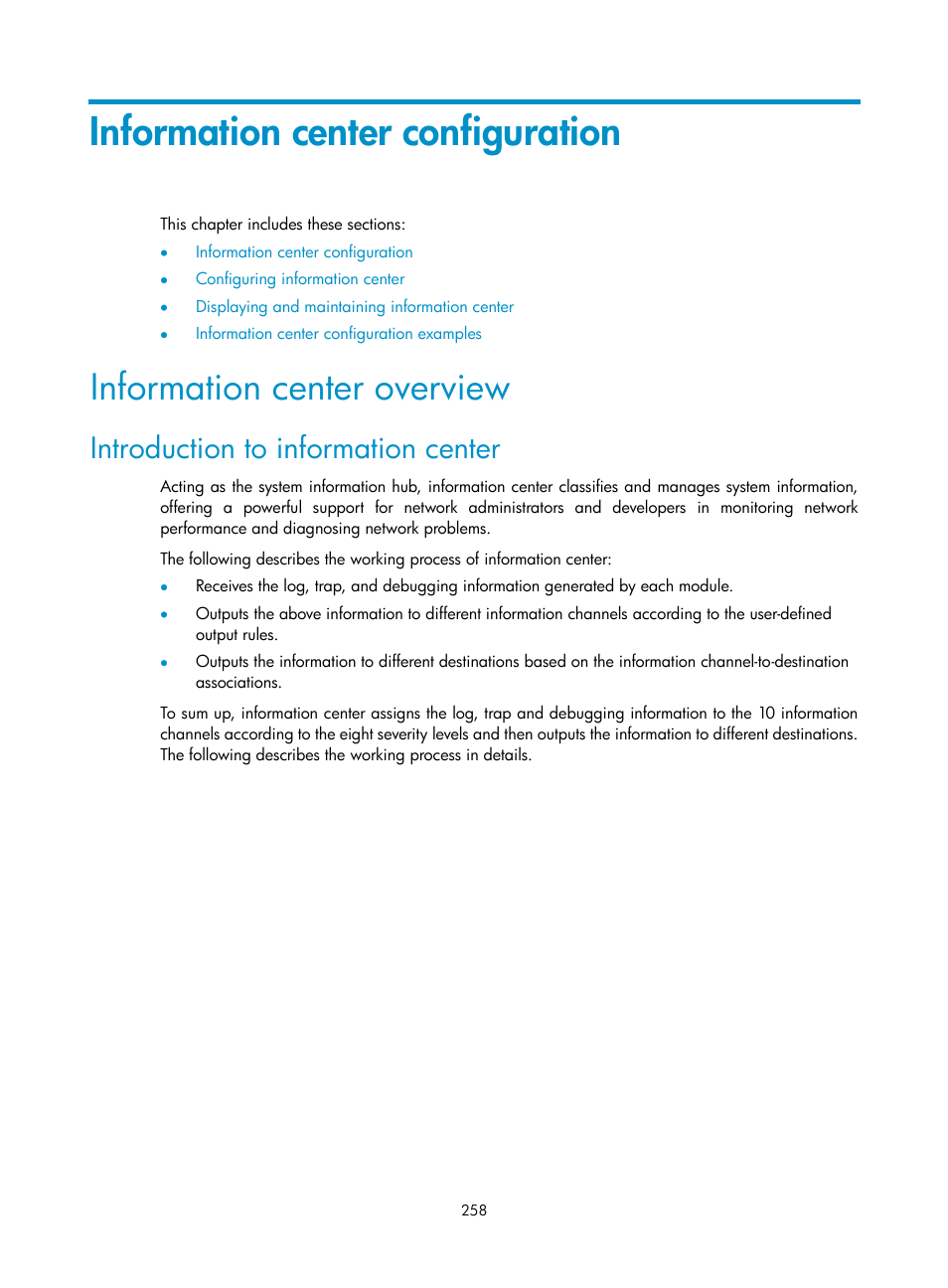 Information center configuration, Information center overview, Introduction to information center | H3C Technologies H3C SecBlade NetStream Cards User Manual | Page 273 / 349
