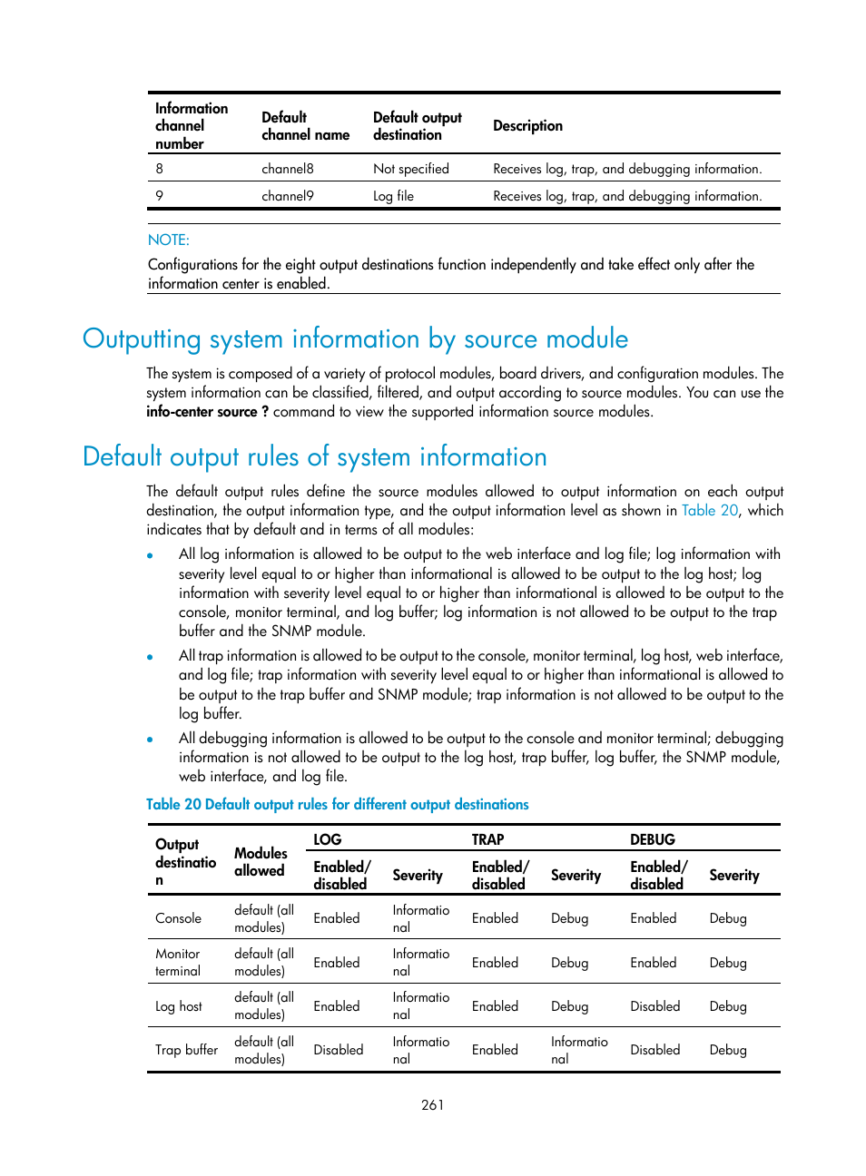 Outputting system information by source module, Default output rules of system information | H3C Technologies H3C SecBlade NetStream Cards User Manual | Page 276 / 349