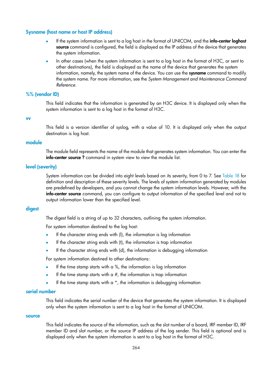 Sysname (host name or host ip address), Vendor id), Module | Level (severity), Digest, Serial number, Source | H3C Technologies H3C SecBlade NetStream Cards User Manual | Page 279 / 349