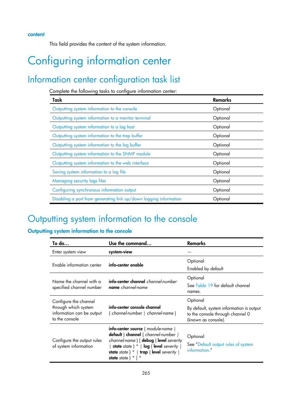 Content, Configuring information center, Information center configuration task list | Outputting system information to the console | H3C Technologies H3C SecBlade NetStream Cards User Manual | Page 280 / 349