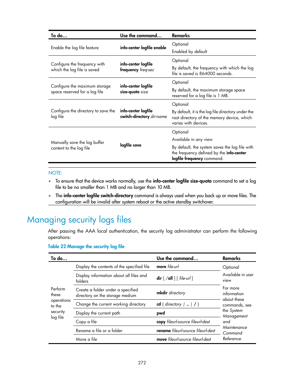 Managing security logs files | H3C Technologies H3C SecBlade NetStream Cards User Manual | Page 287 / 349