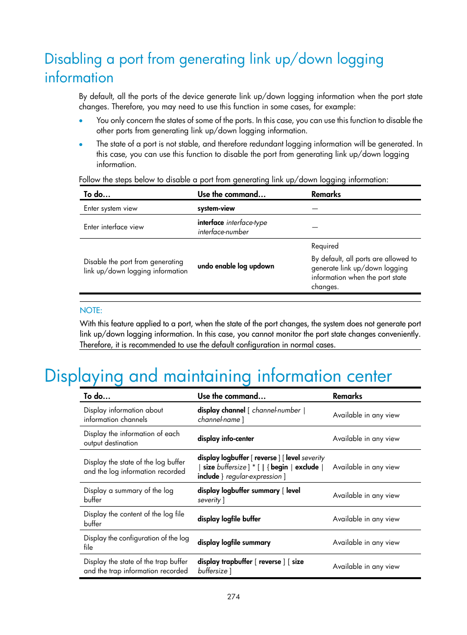 Displaying and maintaining information center | H3C Technologies H3C SecBlade NetStream Cards User Manual | Page 289 / 349