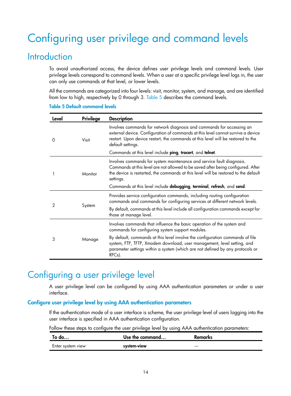 Configuring user privilege and command levels, Introduction, Configuring a user privilege level | H3C Technologies H3C SecBlade NetStream Cards User Manual | Page 29 / 349