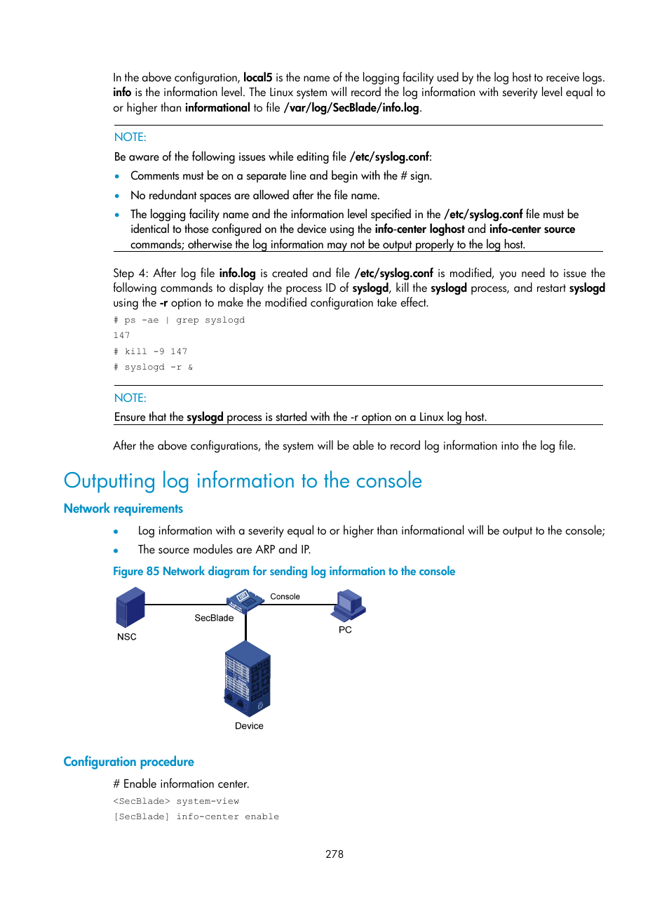 Outputting log information to the console, Network requirements, Configuration procedure | H3C Technologies H3C SecBlade NetStream Cards User Manual | Page 293 / 349
