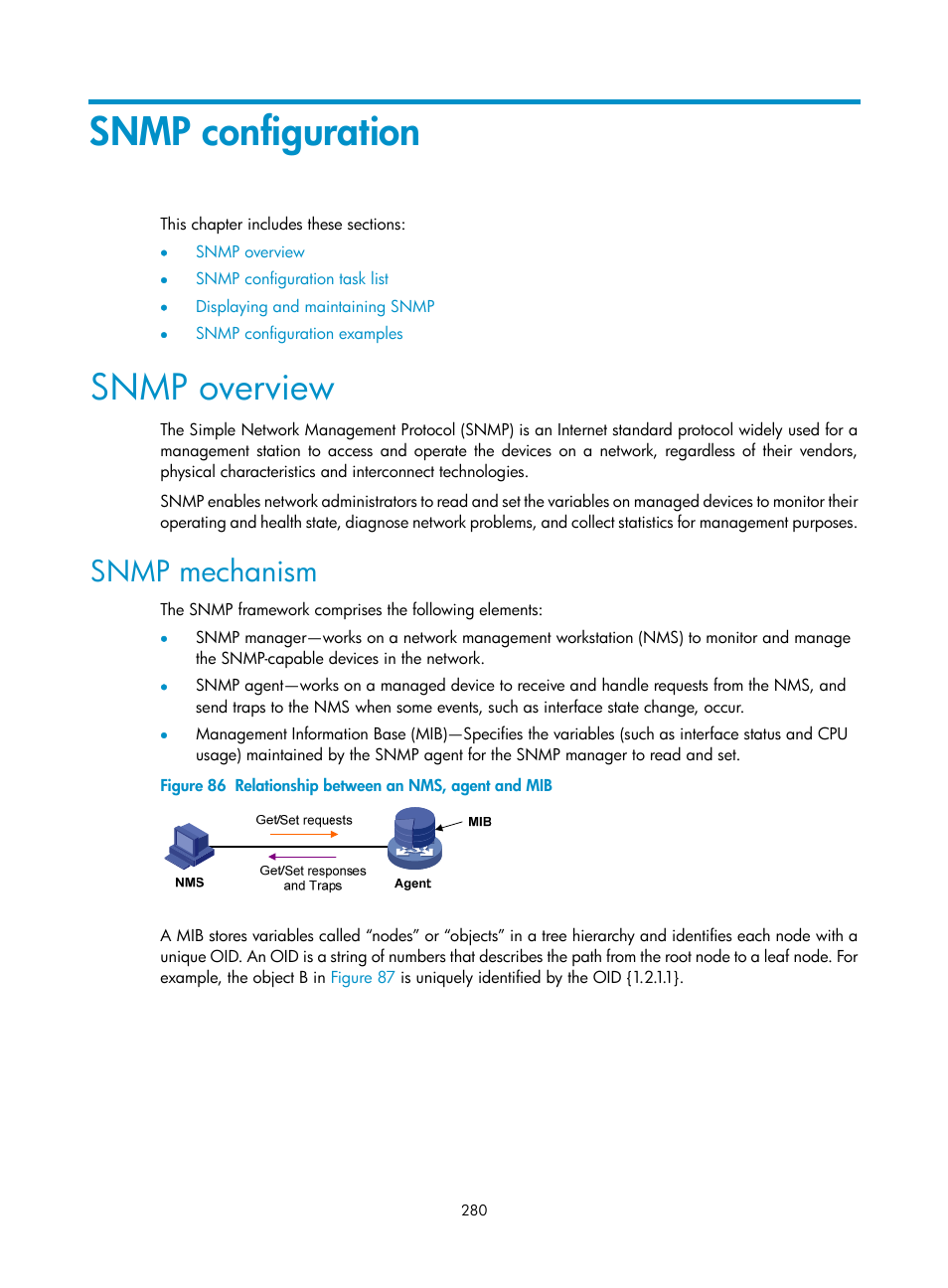 Snmp configuration, Snmp overview, Snmp mechanism | H3C Technologies H3C SecBlade NetStream Cards User Manual | Page 295 / 349