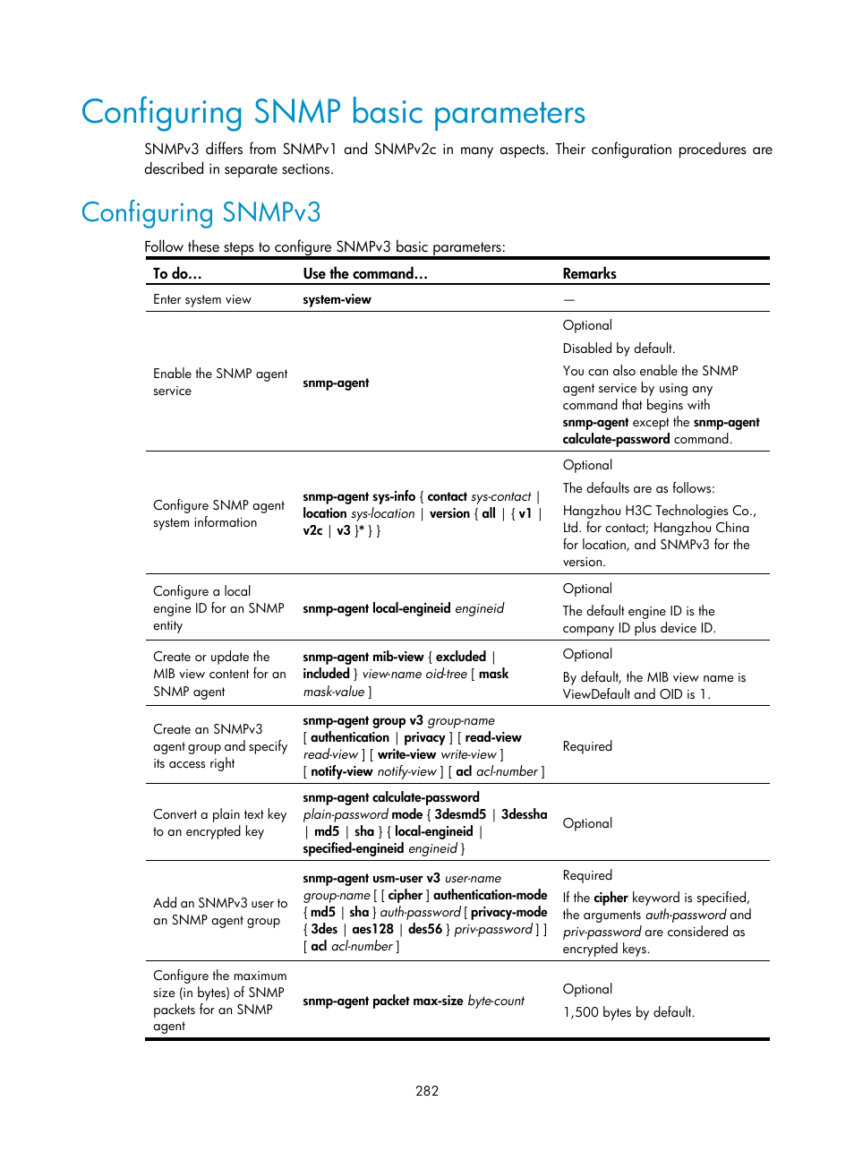Configuring snmp basic parameters, Configuring snmpv3 | H3C Technologies H3C SecBlade NetStream Cards User Manual | Page 297 / 349