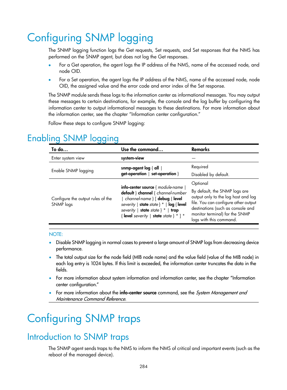 Configuring snmp logging, Enabling snmp logging, Configuring snmp traps | Introduction to snmp traps | H3C Technologies H3C SecBlade NetStream Cards User Manual | Page 299 / 349