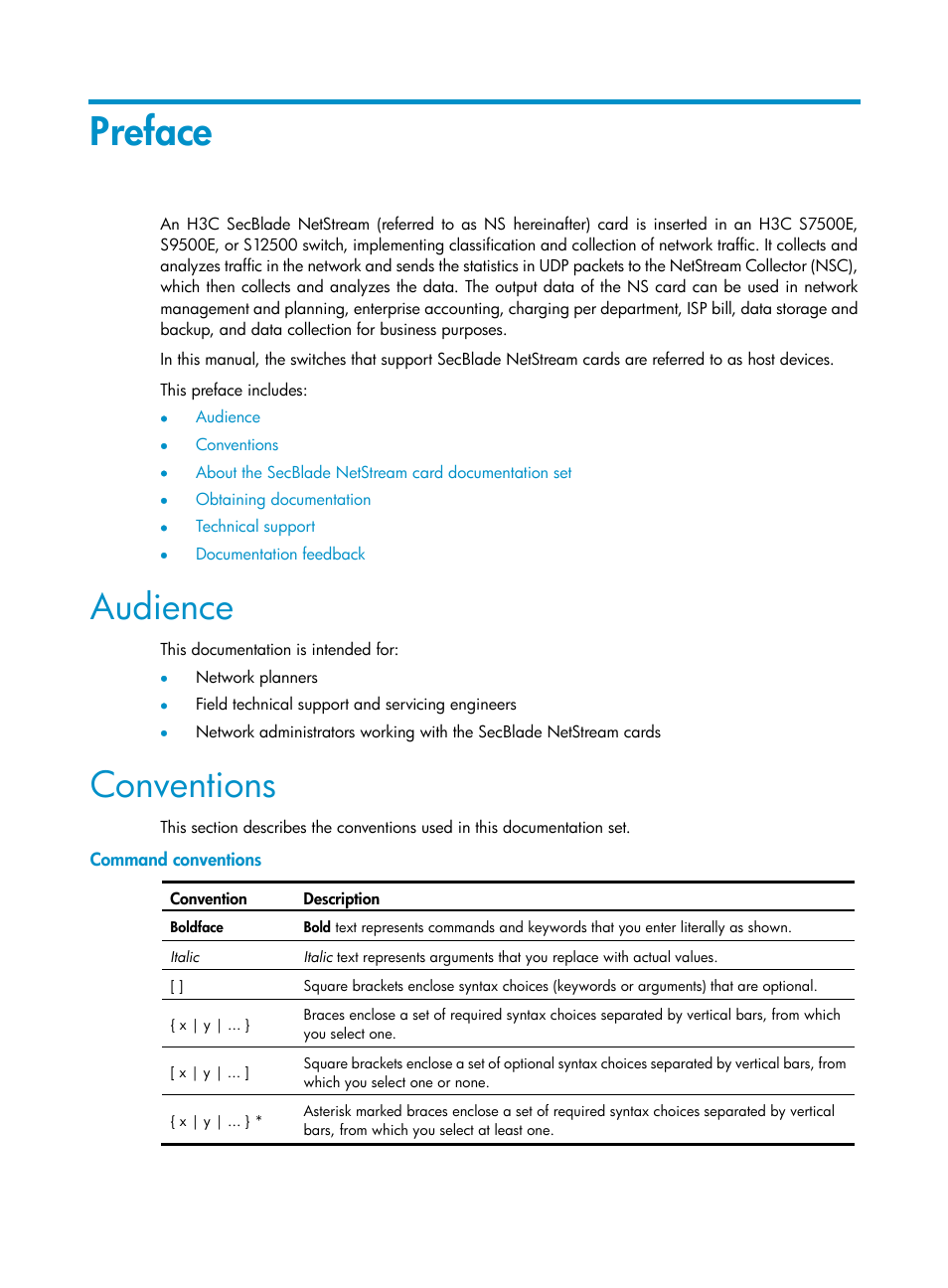 Preface, Audience, Conventions | Command conventions | H3C Technologies H3C SecBlade NetStream Cards User Manual | Page 3 / 349
