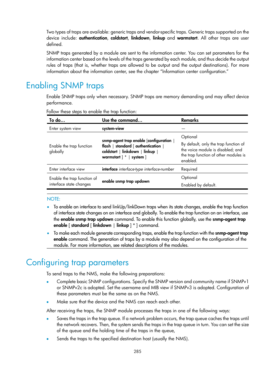 Enabling snmp traps, Configuring trap parameters | H3C Technologies H3C SecBlade NetStream Cards User Manual | Page 300 / 349