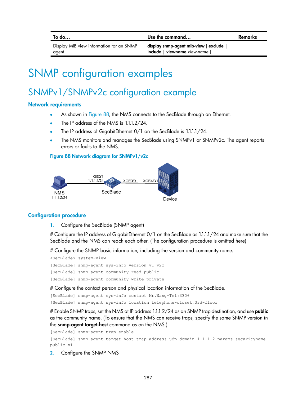 Snmp configuration examples, Snmpv1/snmpv2c configuration example, Network requirements | Configuration procedure | H3C Technologies H3C SecBlade NetStream Cards User Manual | Page 302 / 349