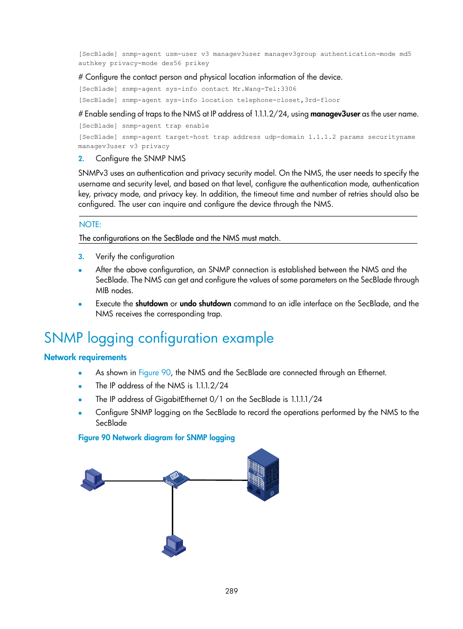 Snmp logging configuration example, Network requirements | H3C Technologies H3C SecBlade NetStream Cards User Manual | Page 304 / 349