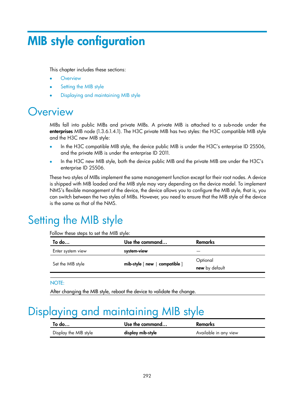 Mib style configuration, Overview, Setting the mib style | Displaying and maintaining mib style | H3C Technologies H3C SecBlade NetStream Cards User Manual | Page 307 / 349