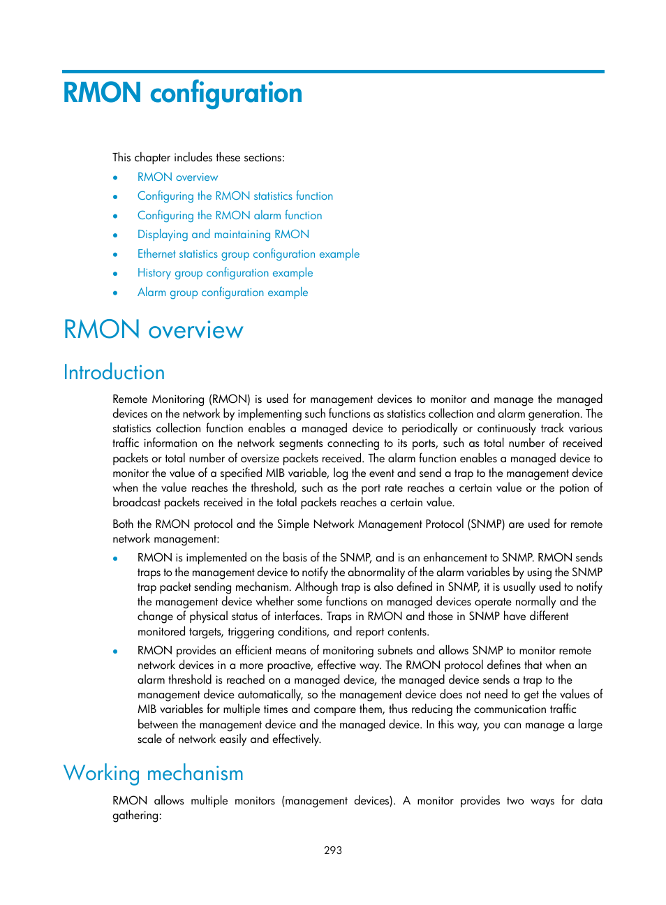 Rmon configuration, Rmon overview, Introduction | Working mechanism | H3C Technologies H3C SecBlade NetStream Cards User Manual | Page 308 / 349