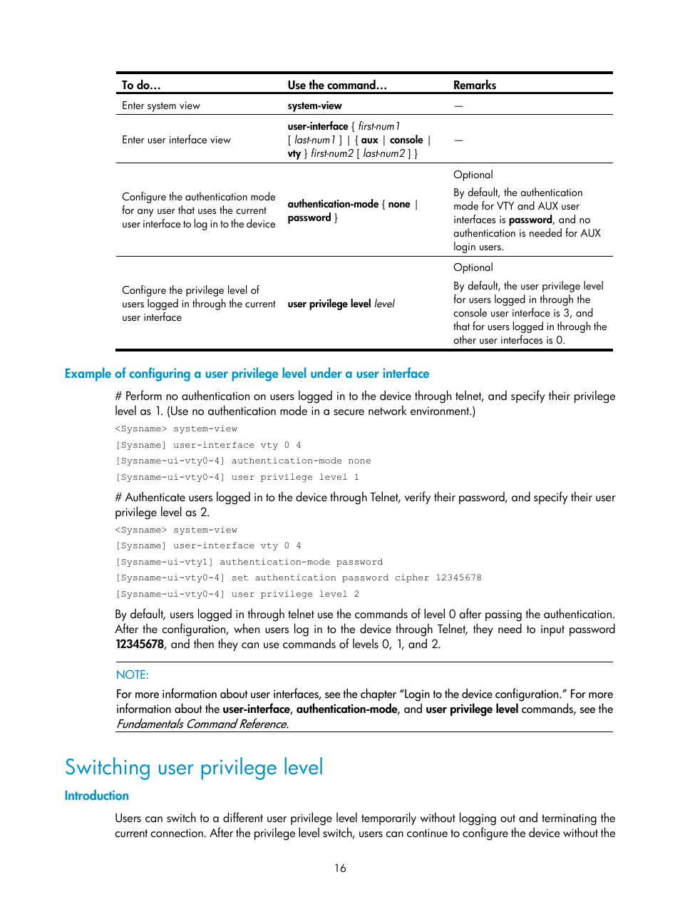 Switching user privilege level, Introduction | H3C Technologies H3C SecBlade NetStream Cards User Manual | Page 31 / 349