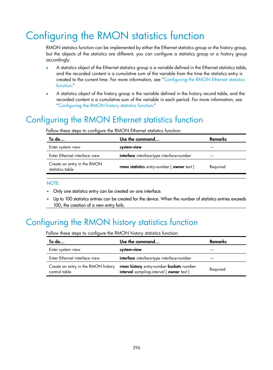 Configuring the rmon statistics function, Configuring the rmon ethernet statistics function, Configuring the rmon history statistics function | H3C Technologies H3C SecBlade NetStream Cards User Manual | Page 311 / 349