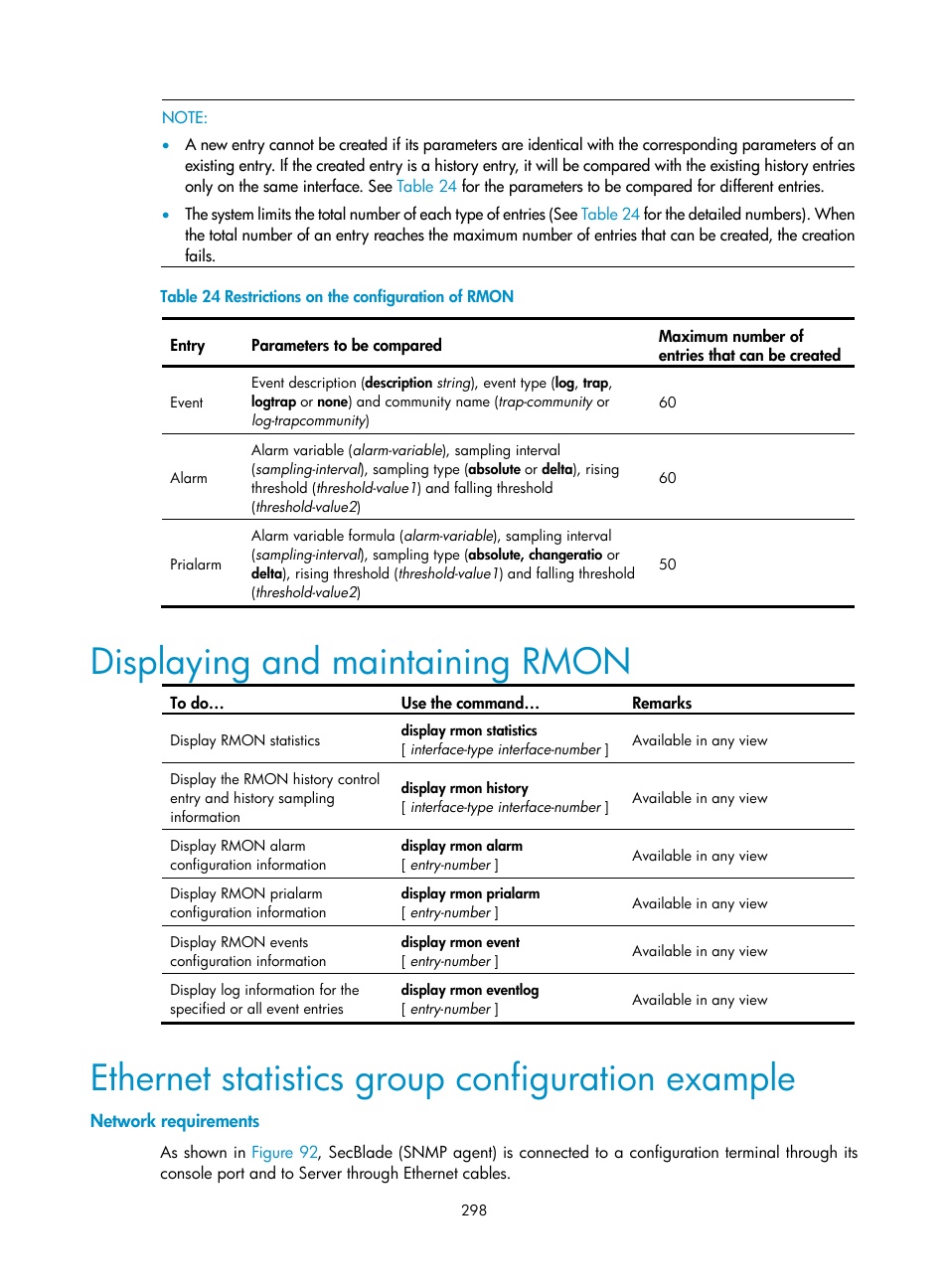 Displaying and maintaining rmon, Ethernet statistics group configuration example, Network requirements | H3C Technologies H3C SecBlade NetStream Cards User Manual | Page 313 / 349