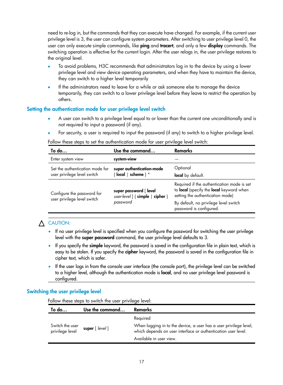Switching the user privilege level | H3C Technologies H3C SecBlade NetStream Cards User Manual | Page 32 / 349