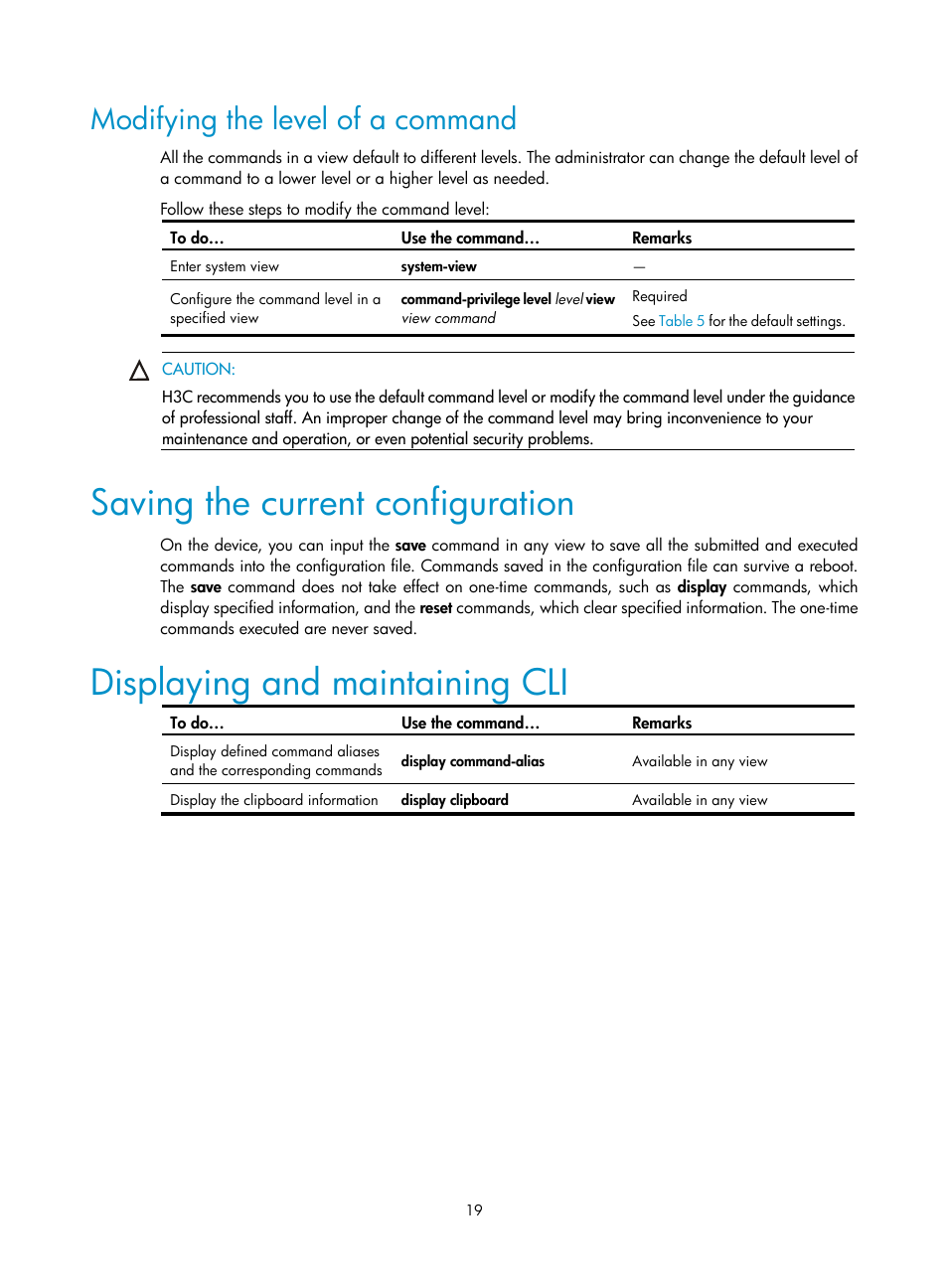 Modifying the level of a command, Saving the current configuration, Displaying and maintaining cli | H3C Technologies H3C SecBlade NetStream Cards User Manual | Page 34 / 349