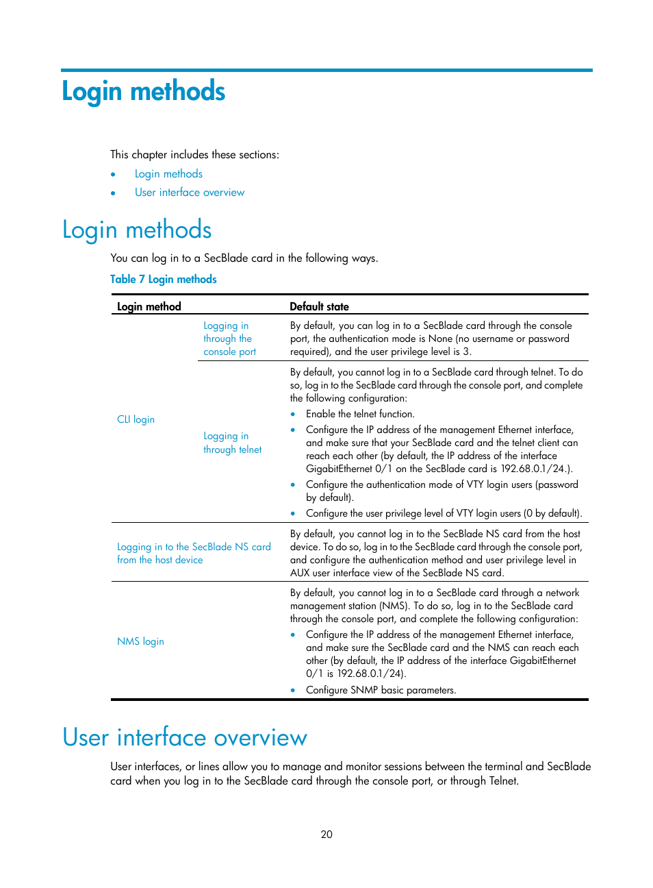 Login methods, User interface overview | H3C Technologies H3C SecBlade NetStream Cards User Manual | Page 35 / 349