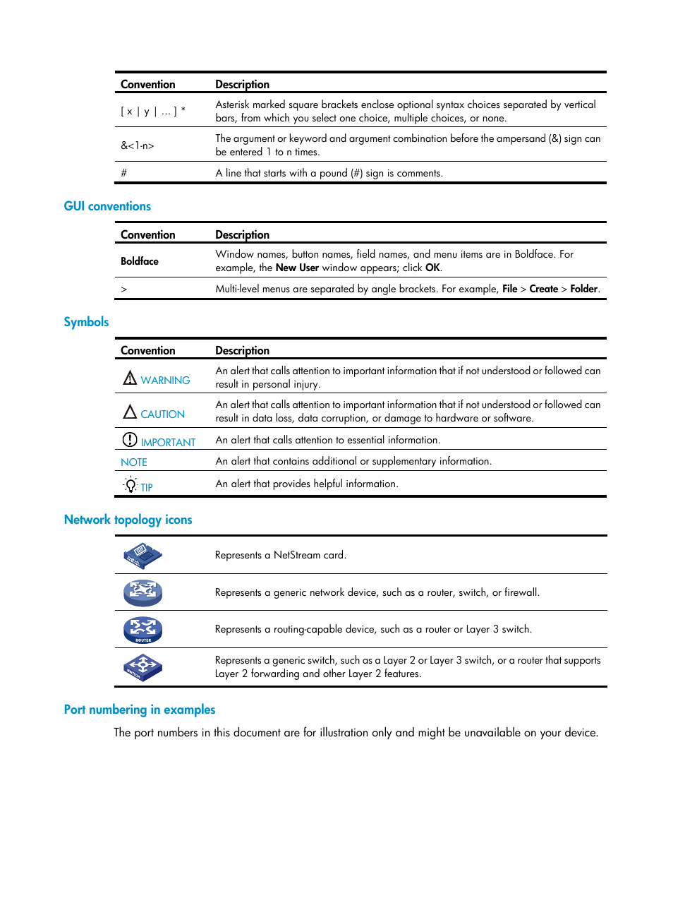 Gui conventions, Symbols, Network topology icons | Port numbering in examples | H3C Technologies H3C SecBlade NetStream Cards User Manual | Page 4 / 349