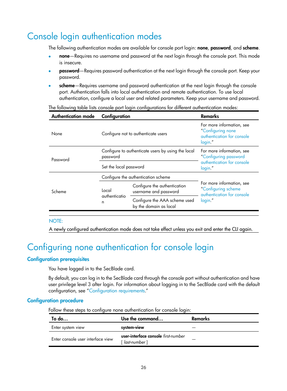 Console login authentication modes, Configuring none authentication for console login, Configuration prerequisites | Configuration procedure | H3C Technologies H3C SecBlade NetStream Cards User Manual | Page 41 / 349