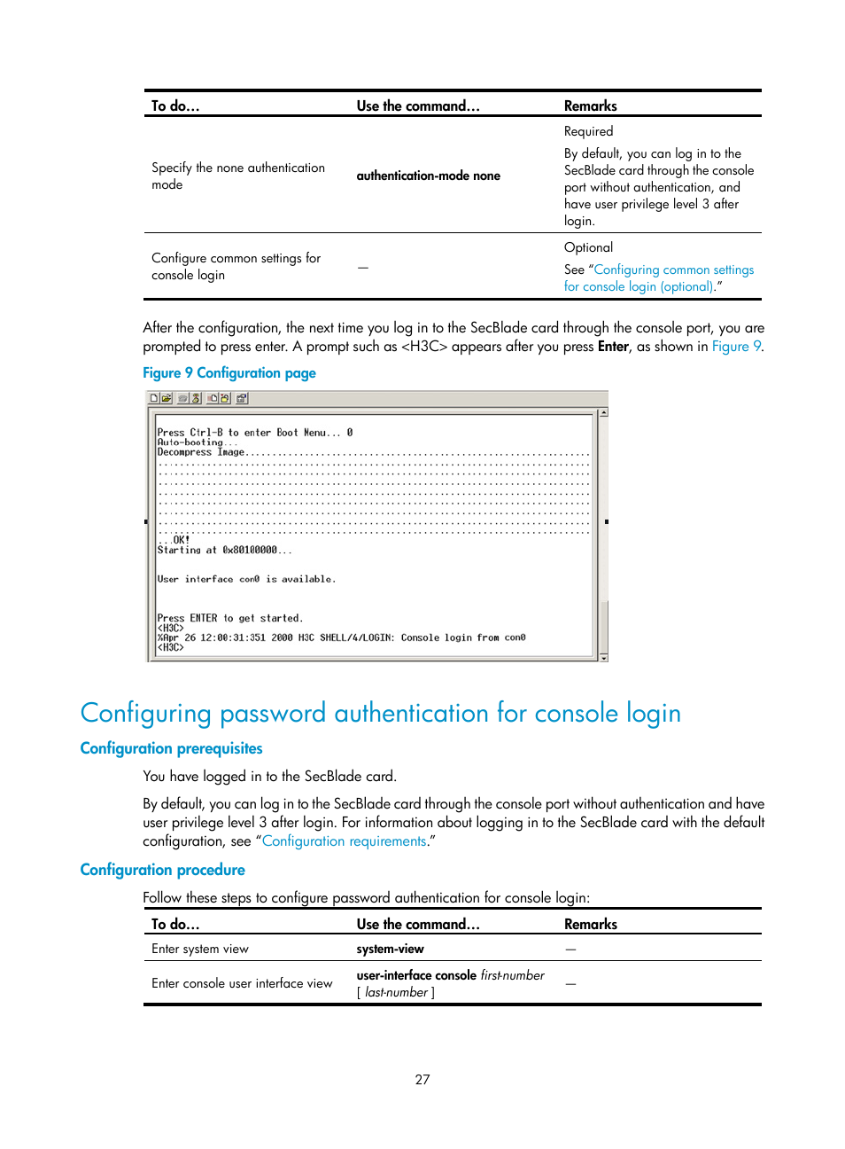 Configuration prerequisites, Configuration procedure, Configuring password | Authentication for console, Login | H3C Technologies H3C SecBlade NetStream Cards User Manual | Page 42 / 349