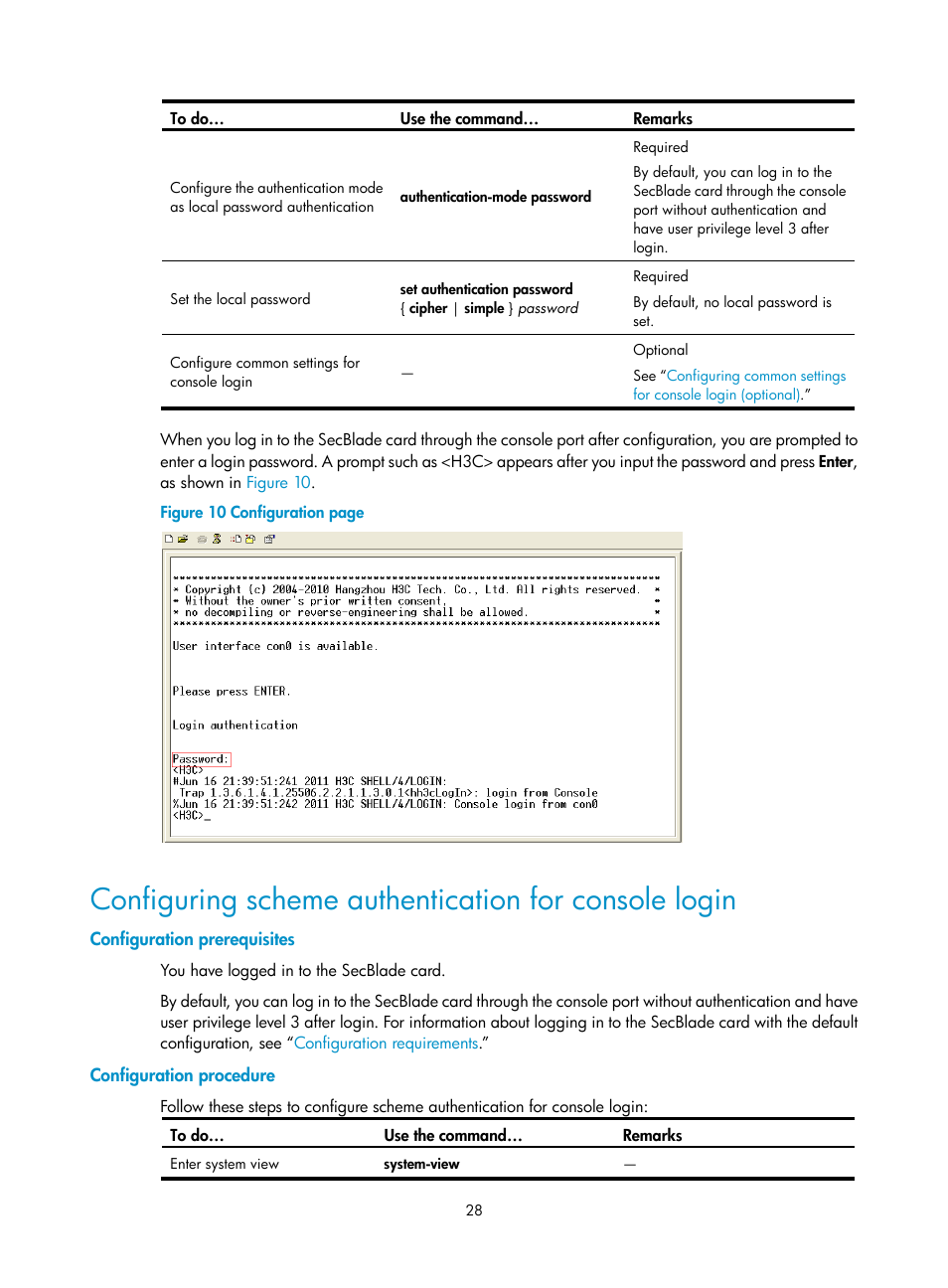 Configuration prerequisites, Configuration procedure, Configuring scheme | Authentication for console, Login | H3C Technologies H3C SecBlade NetStream Cards User Manual | Page 43 / 349