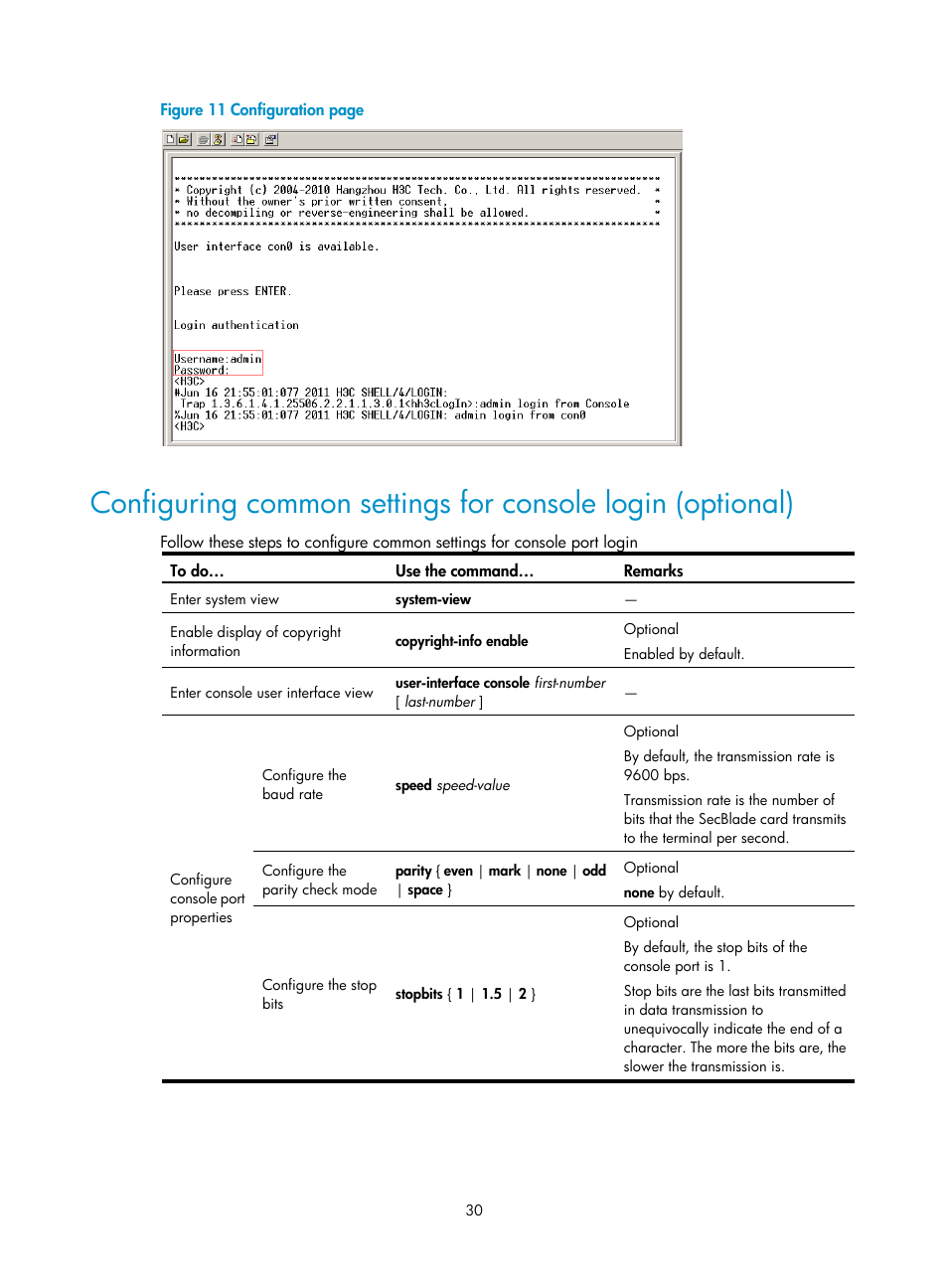 Configuring common settings, For console login (optional), N in | Figure 11 | H3C Technologies H3C SecBlade NetStream Cards User Manual | Page 45 / 349