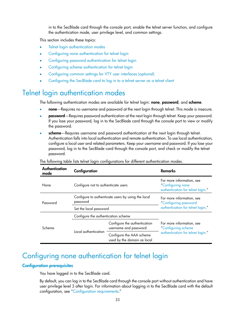 Telnet login authentication modes, Configuring none authentication for telnet login, Configuration prerequisites | H3C Technologies H3C SecBlade NetStream Cards User Manual | Page 48 / 349