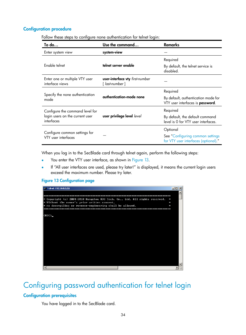 Configuration procedure, Configuration prerequisites, Configuring password | Authentication for telnet login | H3C Technologies H3C SecBlade NetStream Cards User Manual | Page 49 / 349