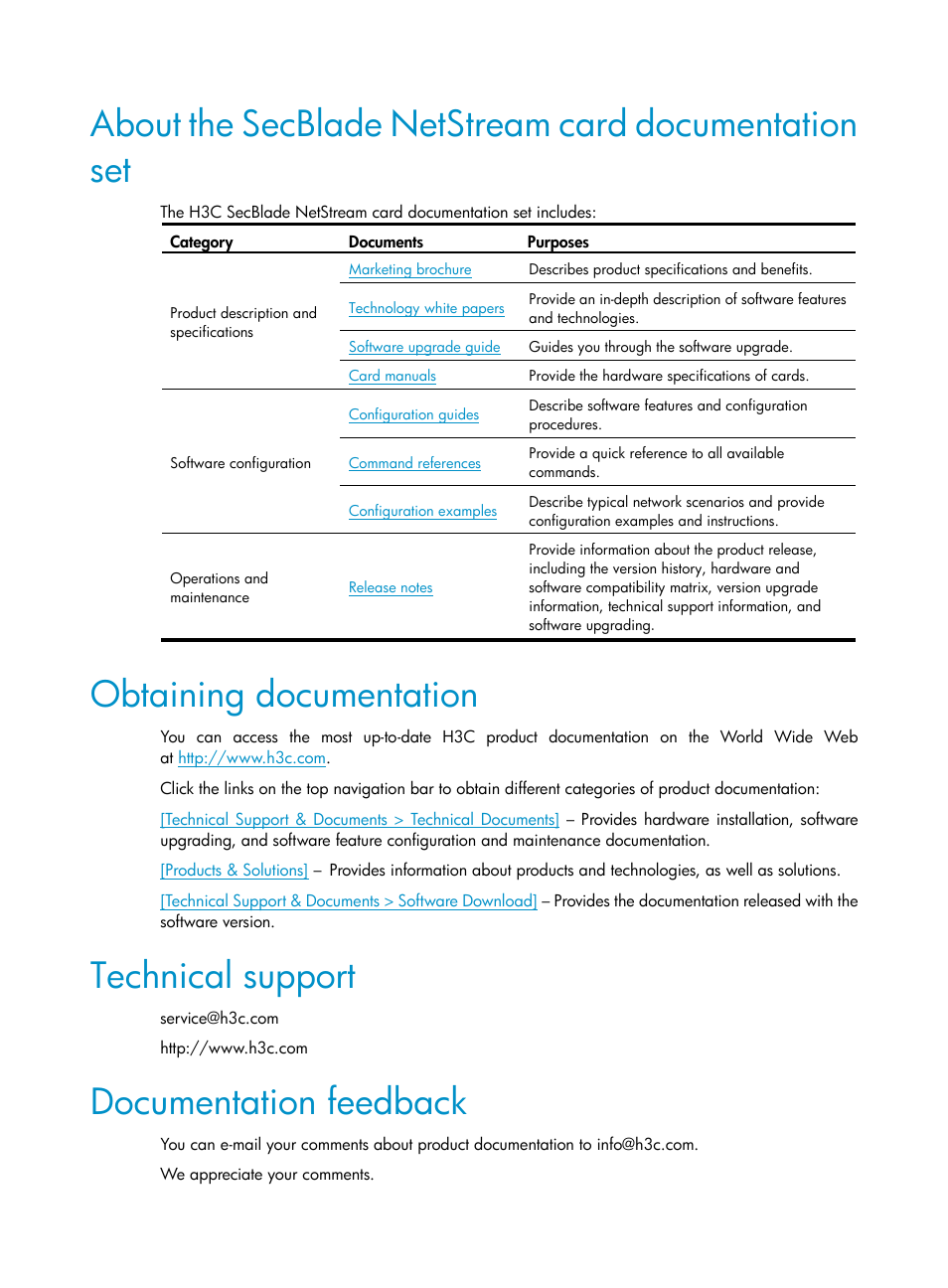 Obtaining documentation, Technical support, Documentation feedback | H3C Technologies H3C SecBlade NetStream Cards User Manual | Page 5 / 349