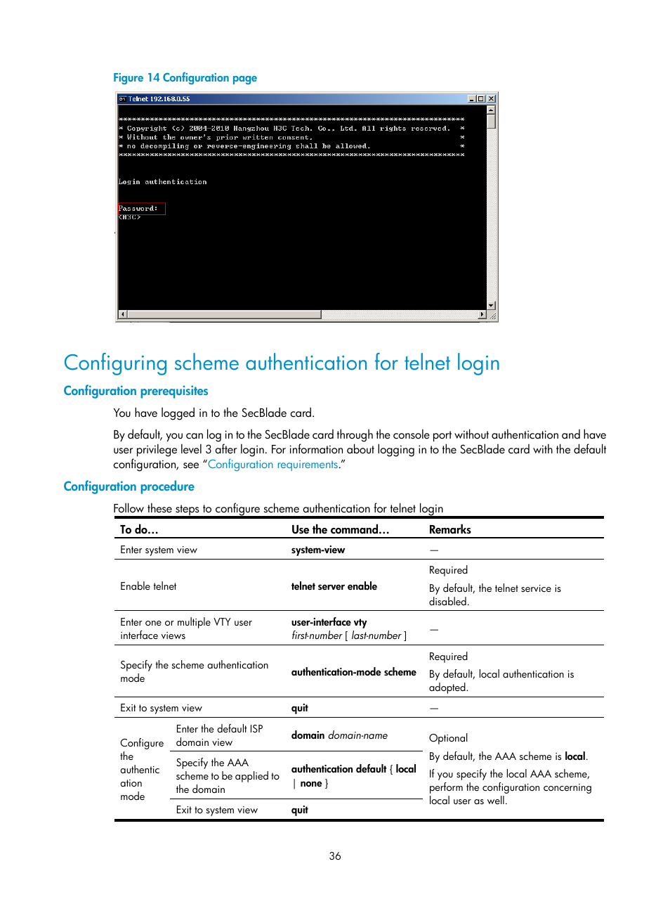 Configuring scheme authentication for telnet login, Configuration prerequisites, Configuration procedure | Configuring scheme, Authentication for telnet login, Figure 14 | H3C Technologies H3C SecBlade NetStream Cards User Manual | Page 51 / 349