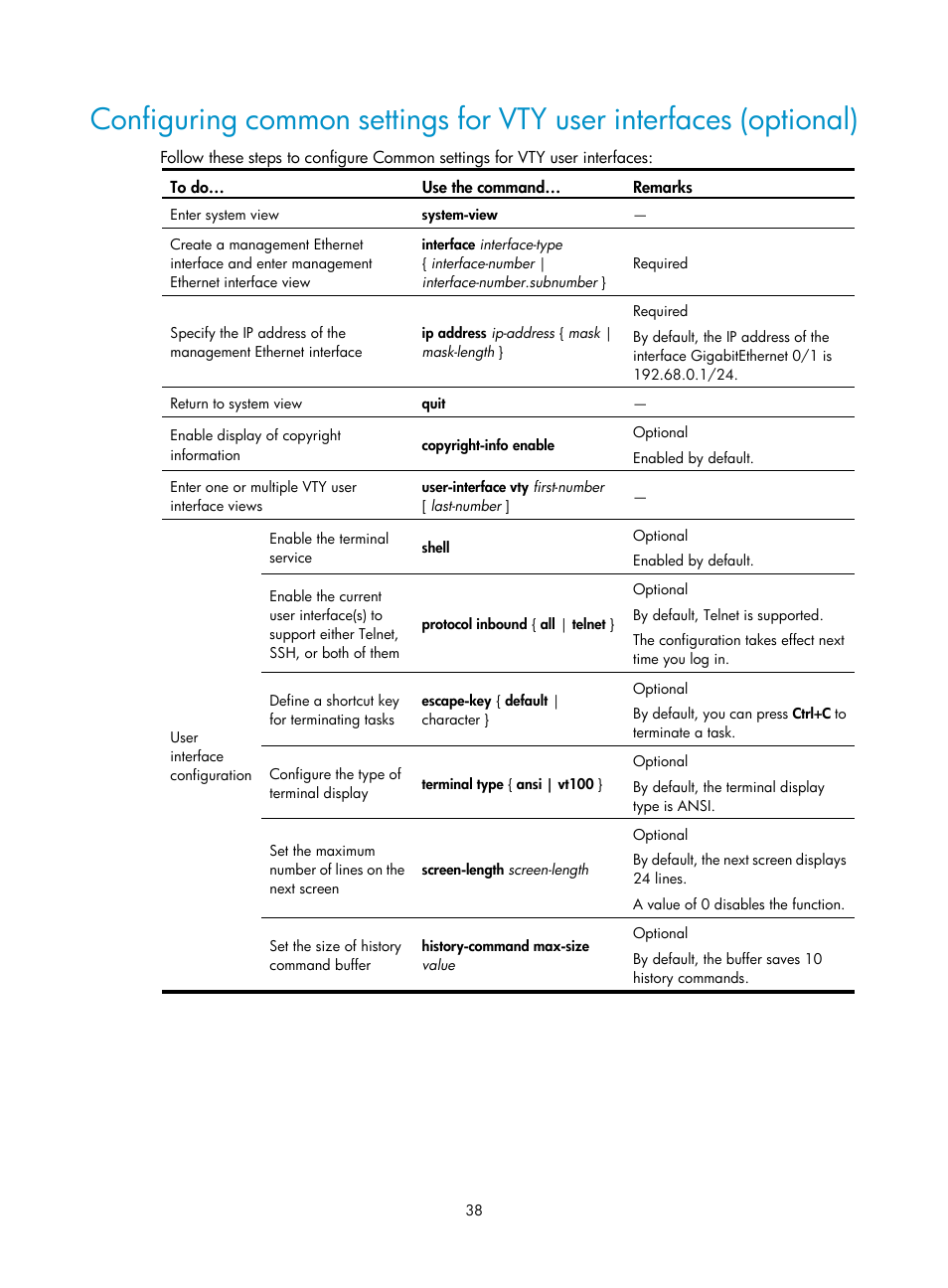 Configuring common settings, For vty user interfaces (optional), Configuring common | Settings for vty user interfaces, Optional), Configuring common settings for, Vty user interfaces (optional) | H3C Technologies H3C SecBlade NetStream Cards User Manual | Page 53 / 349