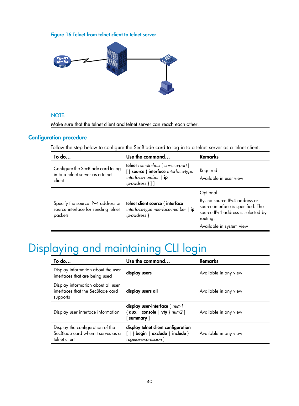 Configuration procedure, Displaying and maintaining cli login | H3C Technologies H3C SecBlade NetStream Cards User Manual | Page 55 / 349