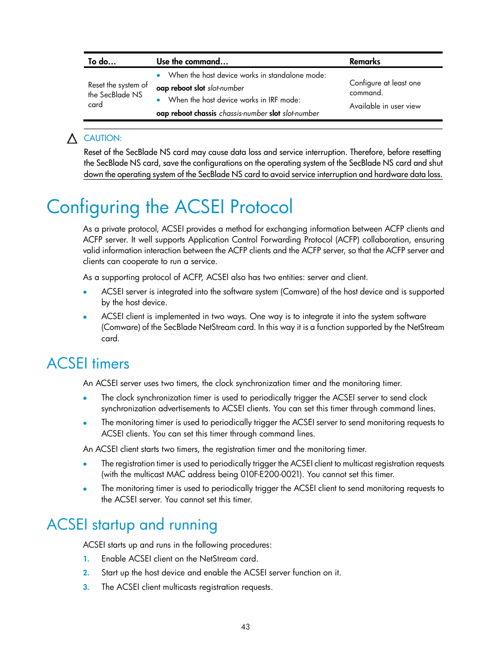 Configuring the acsei protocol, Acsei timers, Acsei startup and running | H3C Technologies H3C SecBlade NetStream Cards User Manual | Page 58 / 349