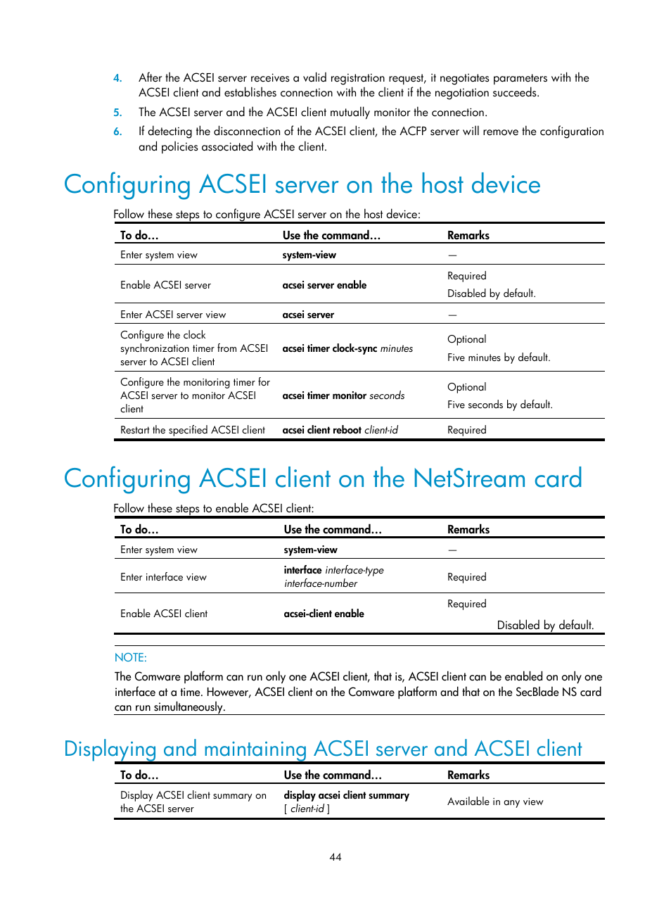 Configuring acsei server on the host device, Configuring acsei client on the netstream card | H3C Technologies H3C SecBlade NetStream Cards User Manual | Page 59 / 349