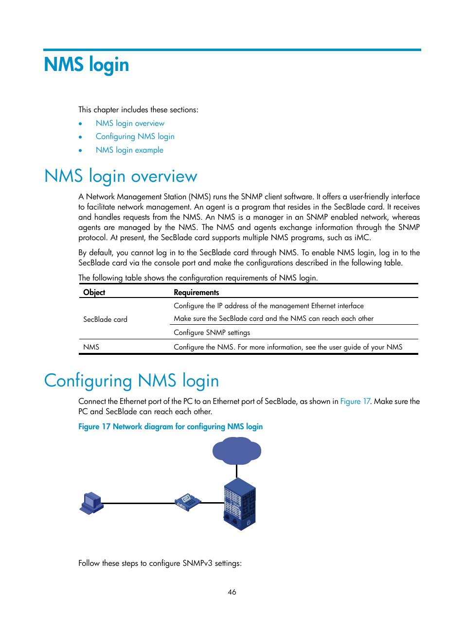 Nms login, Nms login overview, Configuring nms login | H3C Technologies H3C SecBlade NetStream Cards User Manual | Page 61 / 349