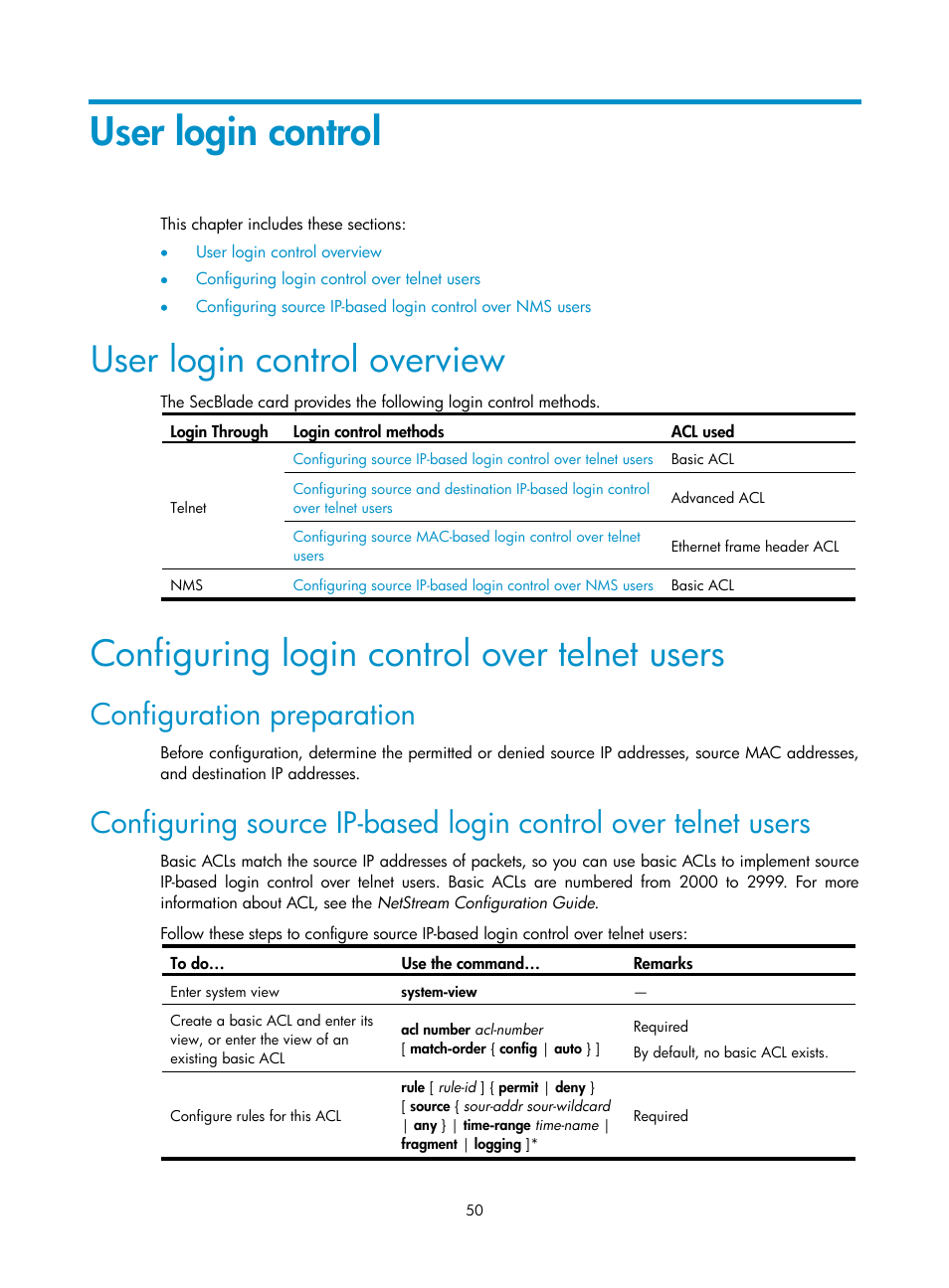 User login control, User login control overview, Configuring login control over telnet users | Configuration preparation | H3C Technologies H3C SecBlade NetStream Cards User Manual | Page 65 / 349