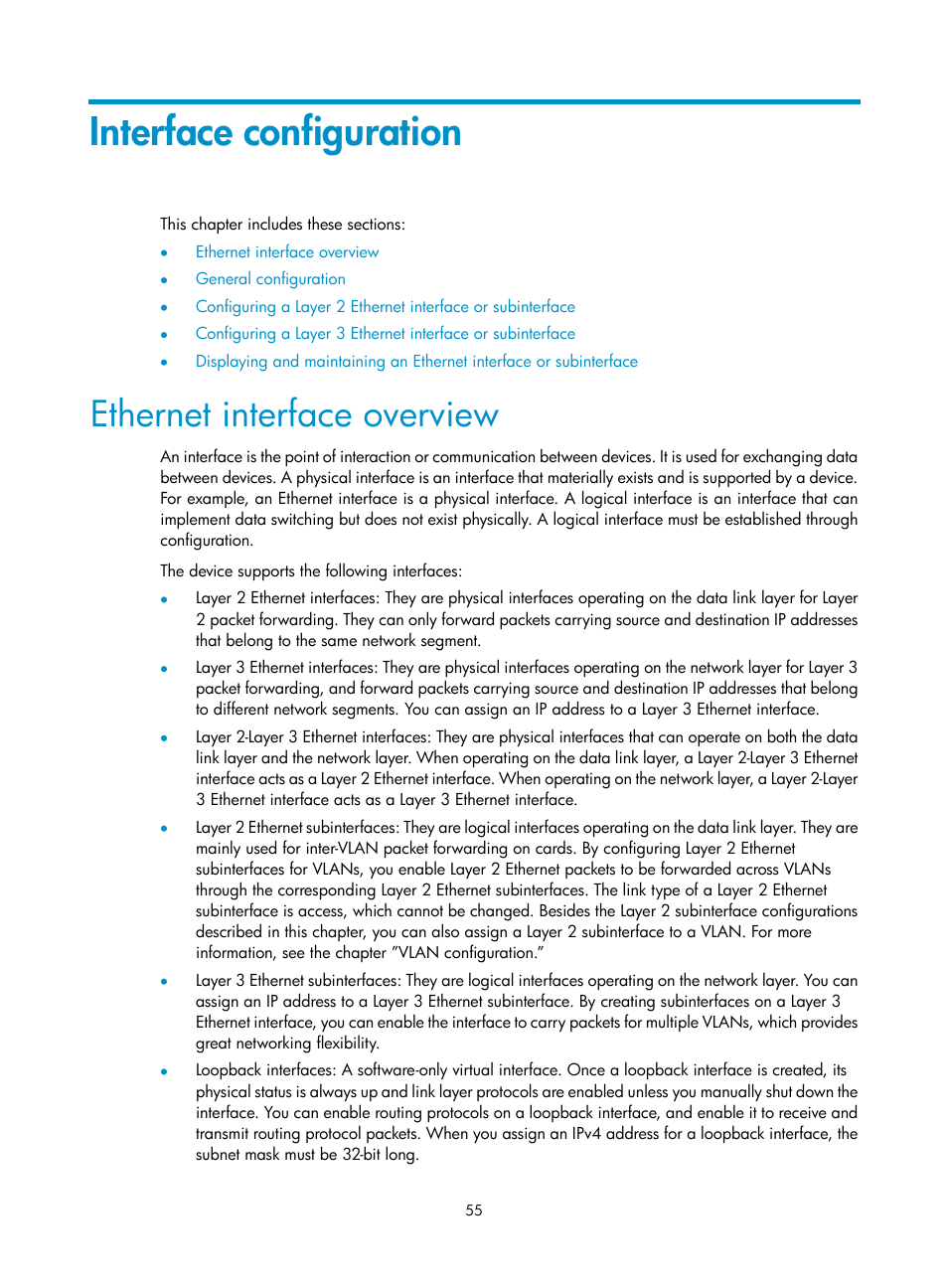 Interface configuration, Ethernet interface overview | H3C Technologies H3C SecBlade NetStream Cards User Manual | Page 70 / 349