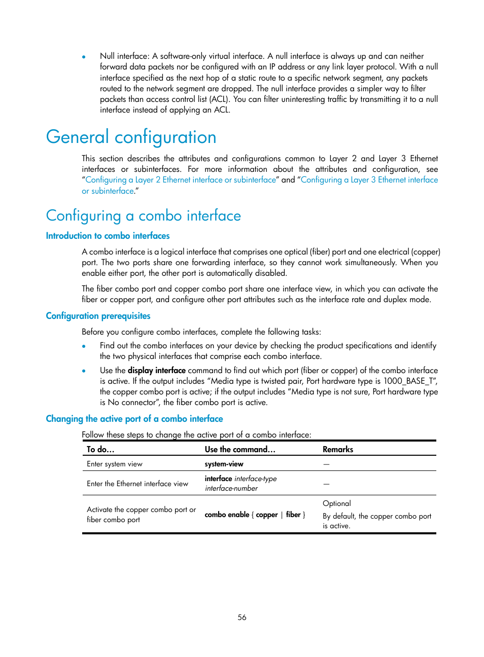 General configuration, Configuring a combo interface, Introduction to combo interfaces | Configuration prerequisites, Changing the active port of a combo interface | H3C Technologies H3C SecBlade NetStream Cards User Manual | Page 71 / 349