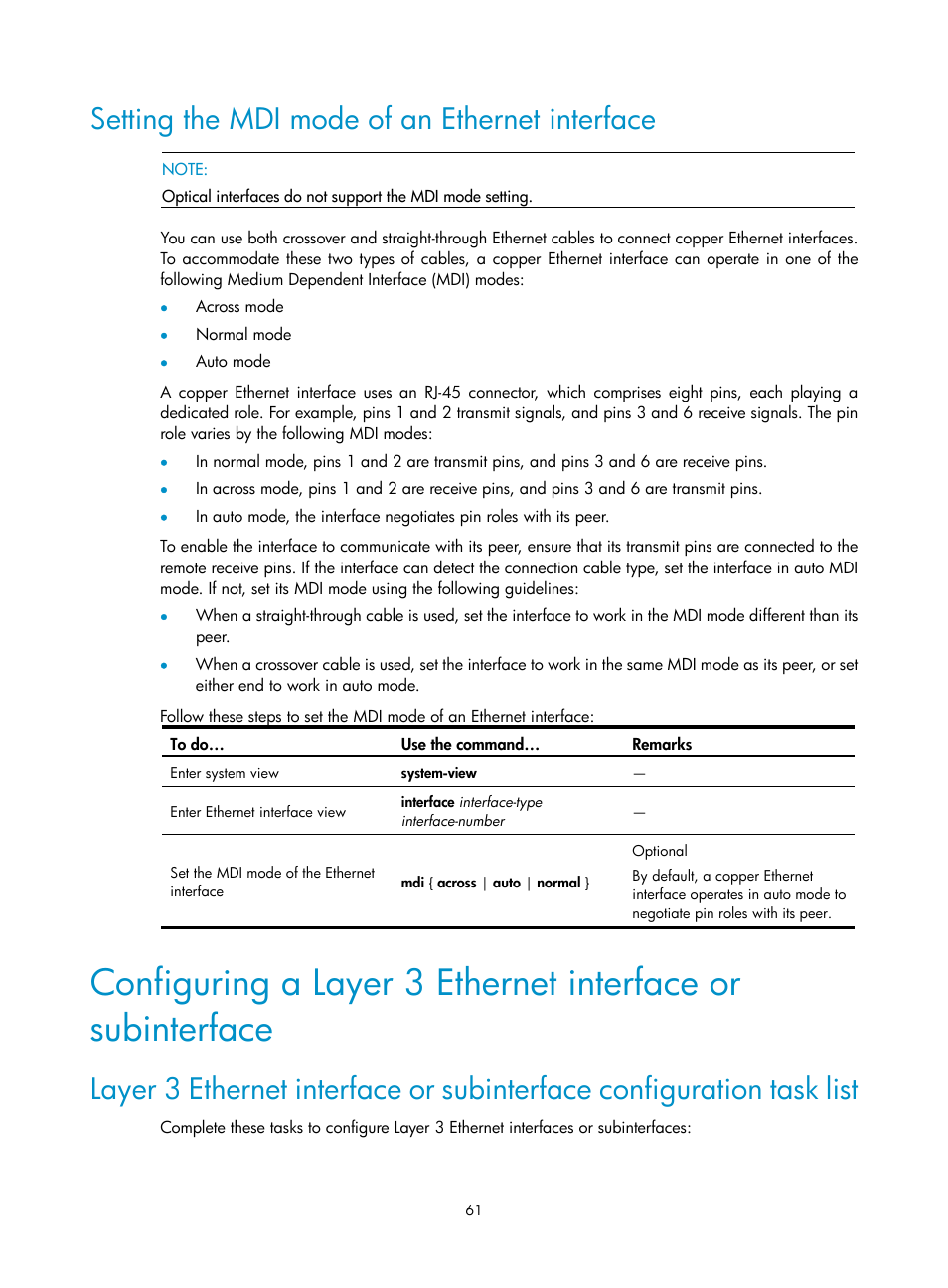 Setting the mdi mode of an ethernet interface, Configuring a layer 3 ethernet interface, Or subinterface | H3C Technologies H3C SecBlade NetStream Cards User Manual | Page 76 / 349