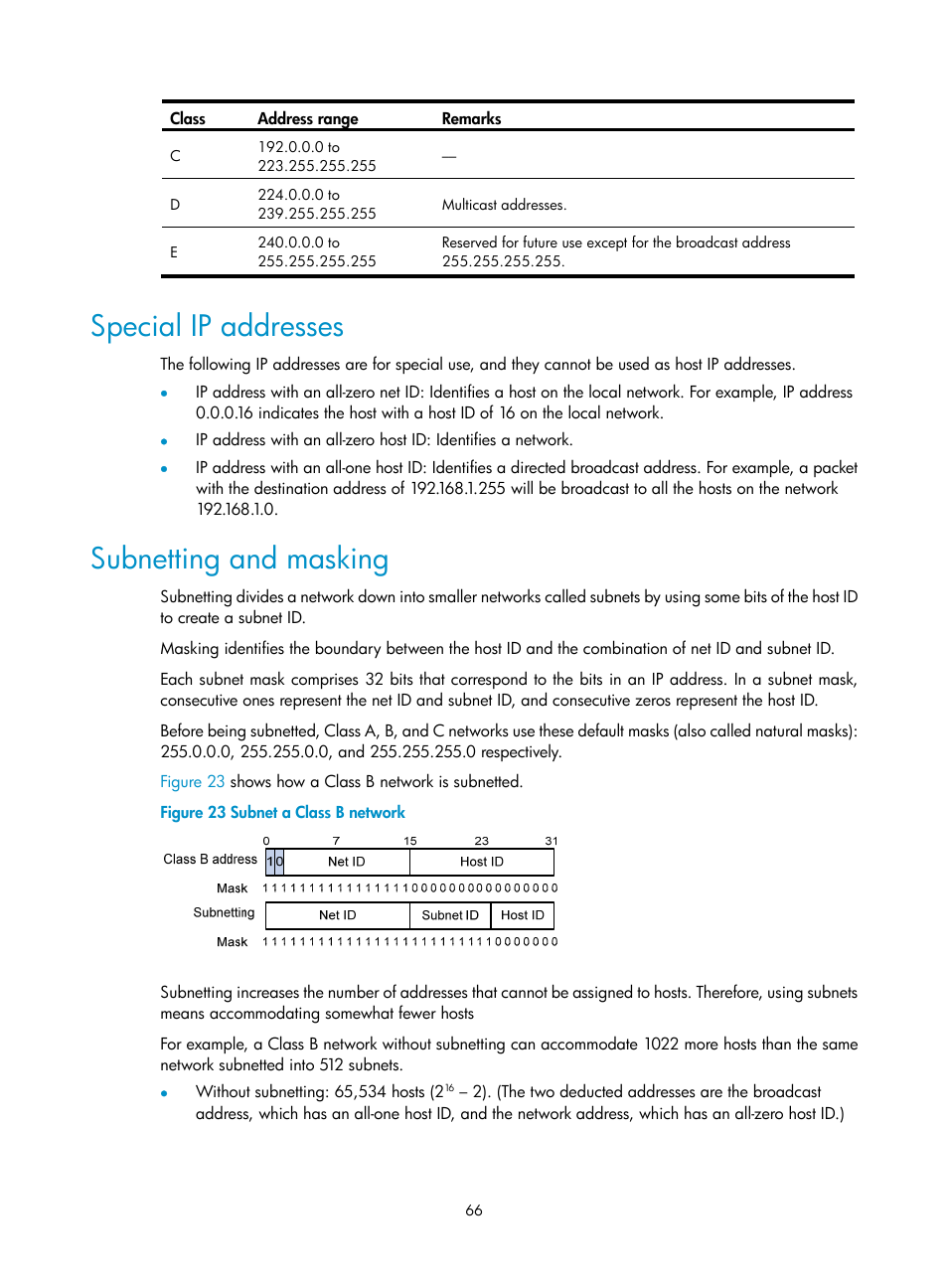 Special ip addresses, Subnetting and masking | H3C Technologies H3C SecBlade NetStream Cards User Manual | Page 81 / 349