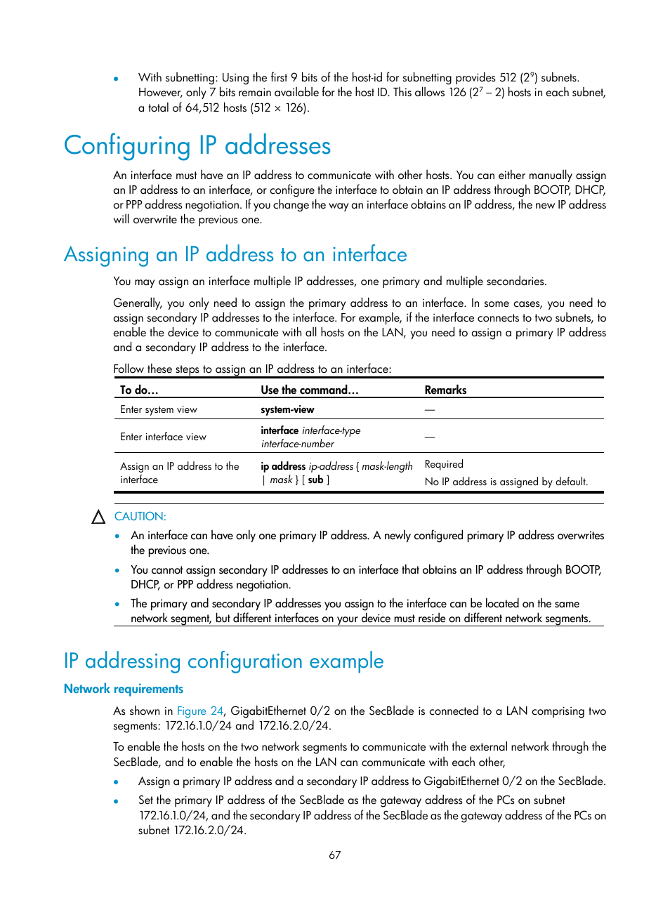 Configuring ip addresses, Assigning an ip address to an interface, Ip addressing configuration example | Network requirements | H3C Technologies H3C SecBlade NetStream Cards User Manual | Page 82 / 349