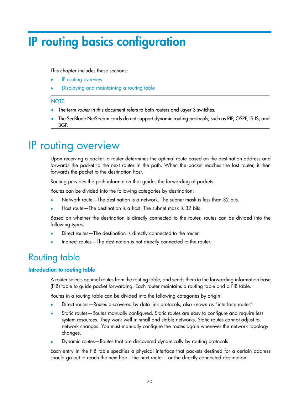 Ip routing basics configuration, Ip routing overview, Routing table | Introduction to routing table | H3C Technologies H3C SecBlade NetStream Cards User Manual | Page 85 / 349