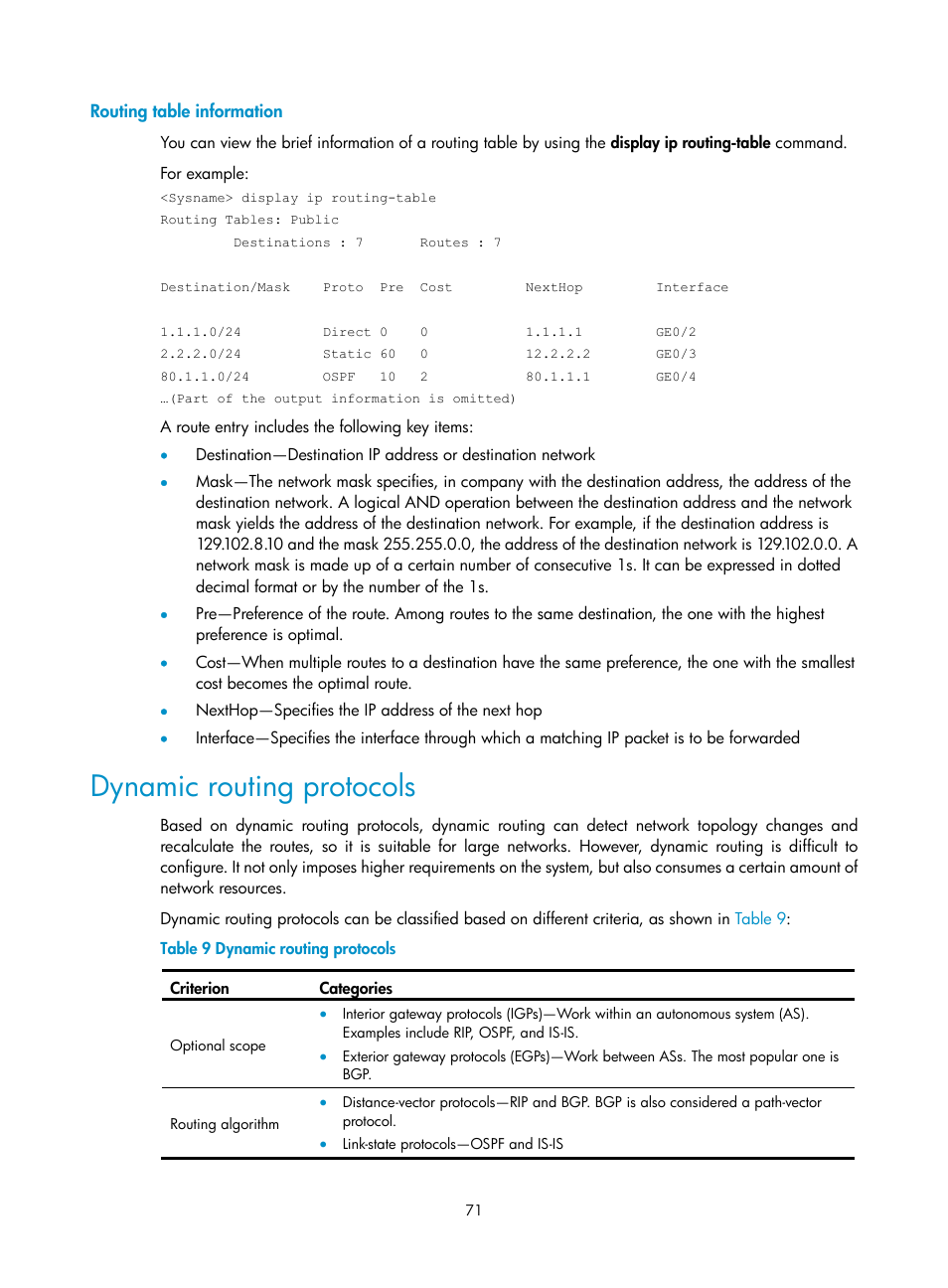 Routing table information, Dynamic routing protocols | H3C Technologies H3C SecBlade NetStream Cards User Manual | Page 86 / 349