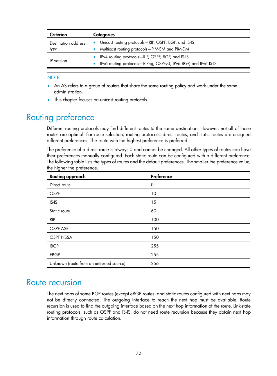 Routing preference, Route recursion | H3C Technologies H3C SecBlade NetStream Cards User Manual | Page 87 / 349