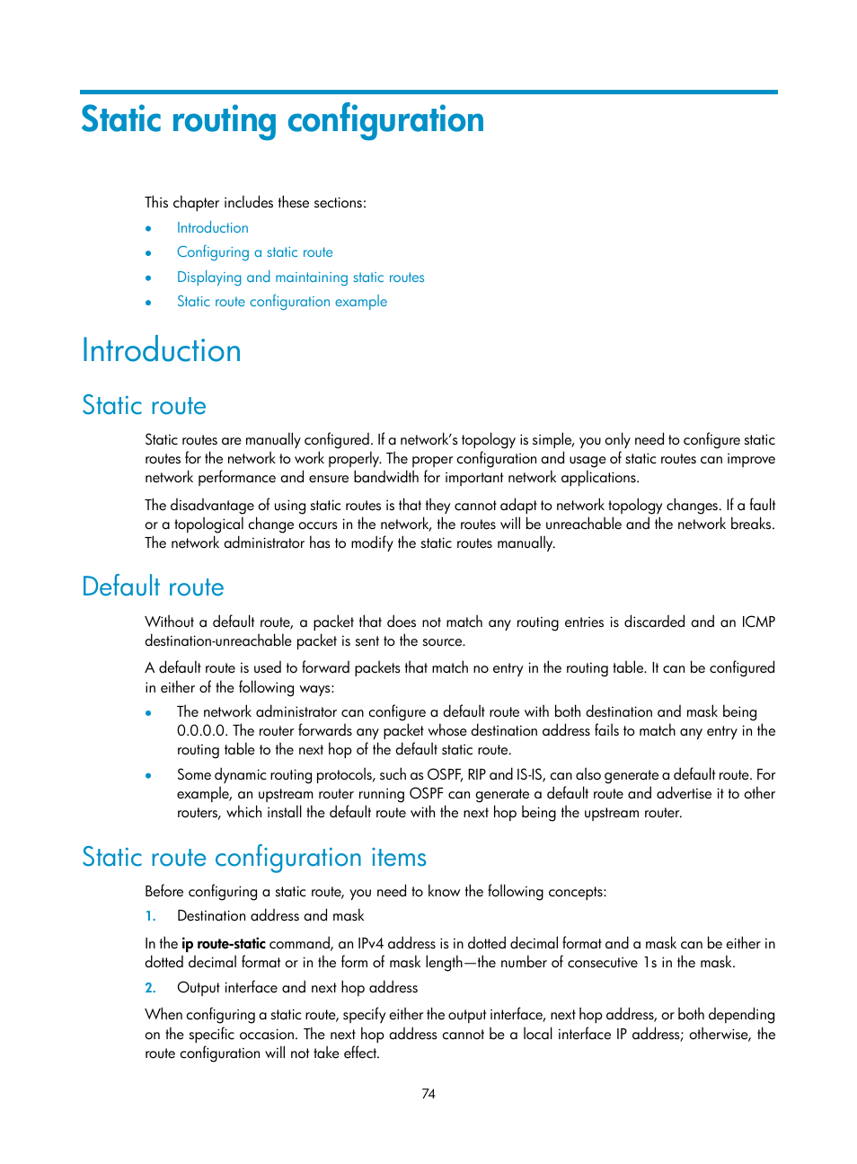 Static routing configuration, Introduction, Static route | Default route, Static route configuration items | H3C Technologies H3C SecBlade NetStream Cards User Manual | Page 89 / 349